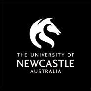 Black and white university of newcastle logo with stylized horse head.
